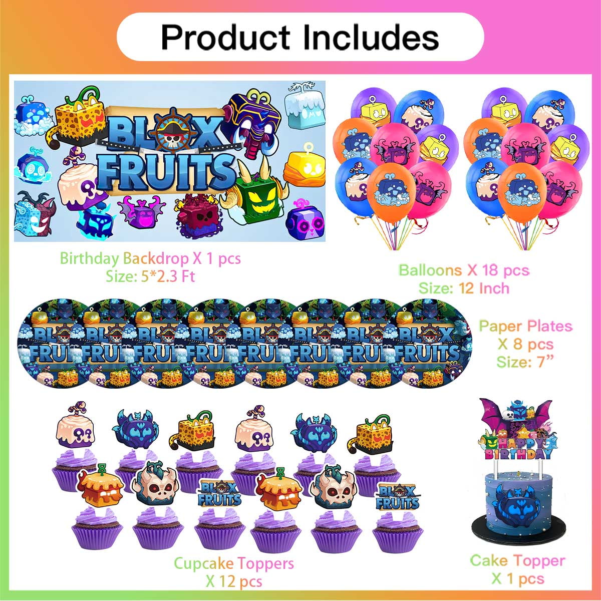 Blox Fruits Birthday Party Supplies Balloons Plates Decoration Cake Topper Decor Tableware Banner Backdrop