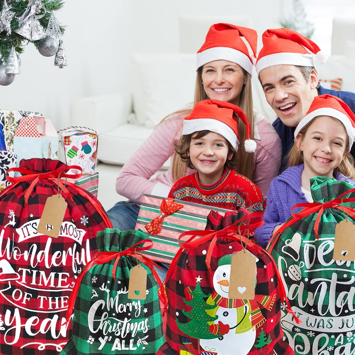 Christmas Bags Christmas Gift Bags Santa Sacks Large Buffalo Reusable Fabric Drawstring Gift Pouches for Xmas Party Favor Red Green 10Pcs