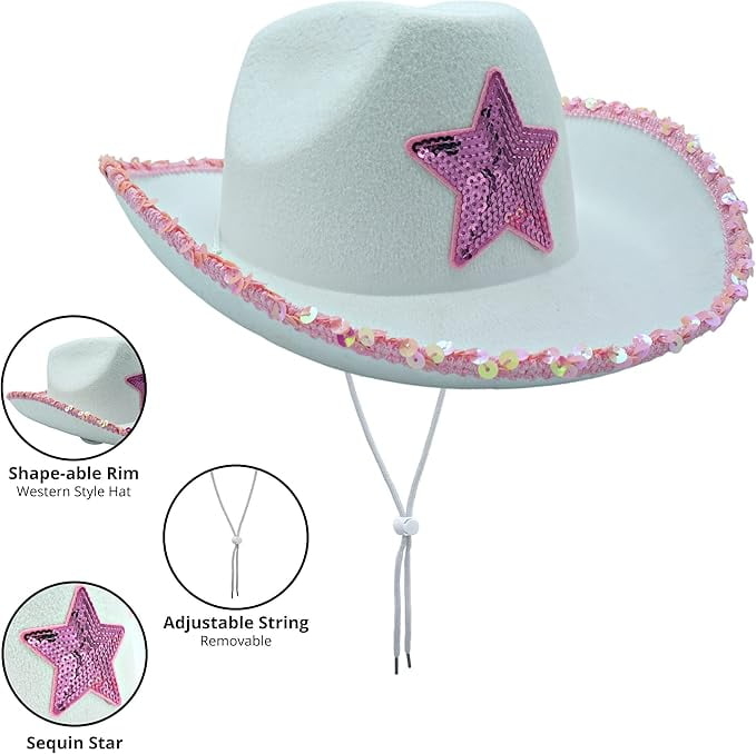 4E's Novelty 2 Sets White Cowgirl Hat with Pink Star & Heart Glasses – Sparkly Bachelorette & Costume Hat for Girls & Women
