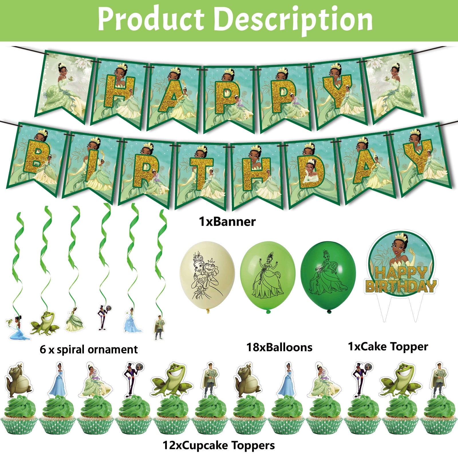 38PCS For Princess and The Frog Birthday Party Decorations,With 1 Happy Birthday Banner Garland,6 Hanging Swirls,13 Cupcake Toppers,18 Balloons for Party Supplies