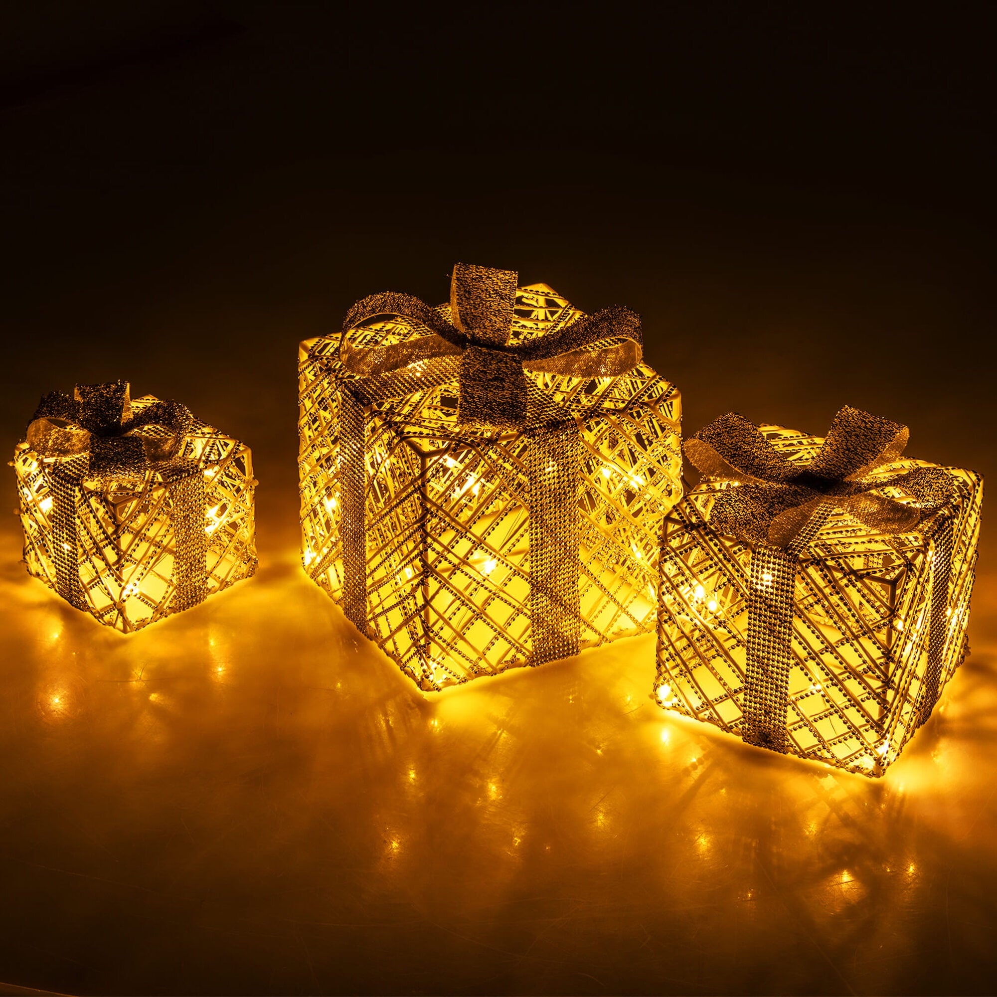 Costway 3 Pack Christmas Lighted Gift Box with 50 LED Lights Detachable Bows for Yard