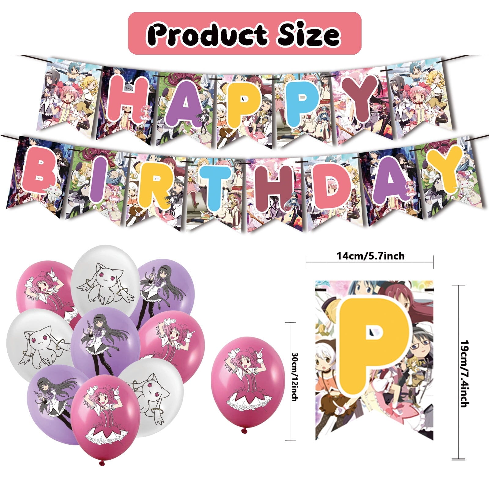 32 Pcs For Puella Magi Madoka Magica Theme Birthday Party Decorations,With 1 Happy Birthday Banner Garland,13 Cupcake Toppers,18 Balloons for Children Party Decorations