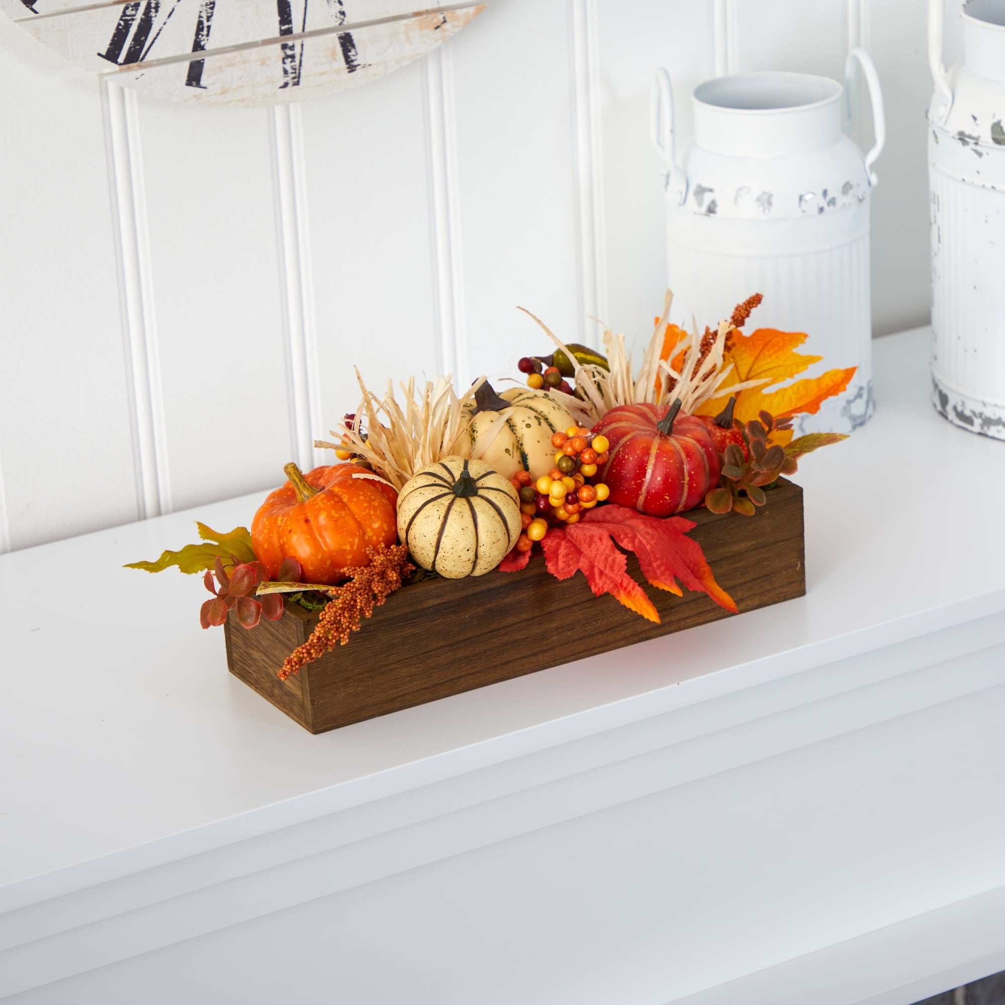 Nearly Natural 16" Harvest Pumpkin and Berries Artificial Flowers Arrangement in Wood Vase, Orange