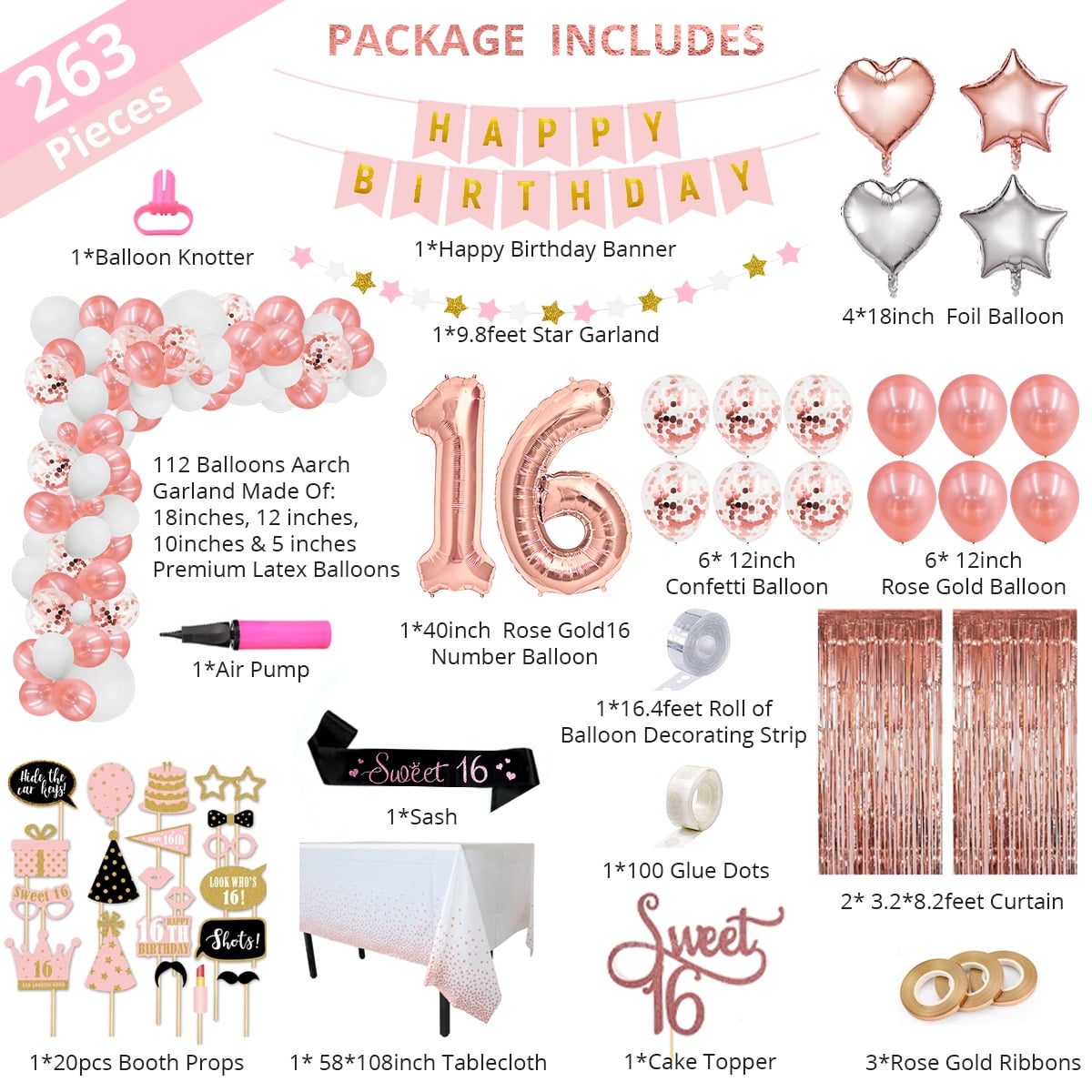 Sparkles Hub Sweet 16 Birthday Decorations with Balloon Arch Garland