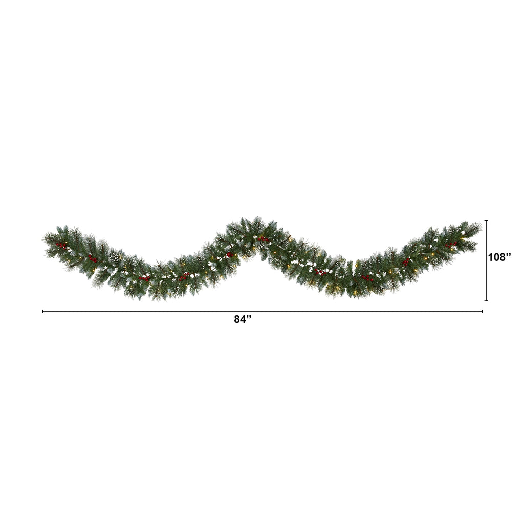 Nearly Natural 9' Green Pine Frosted Christmas Garland with Berries Prelit 50 Clear LED Lights