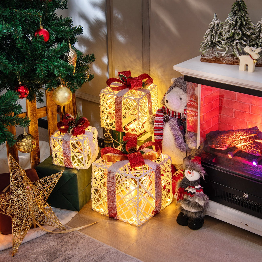 Topbuy Set of 3 Christmas Lighted Gift Boxes Battery Powered Present Boxes w/Red Bows 60 Warm Lights & 6 Hours Timing Function
