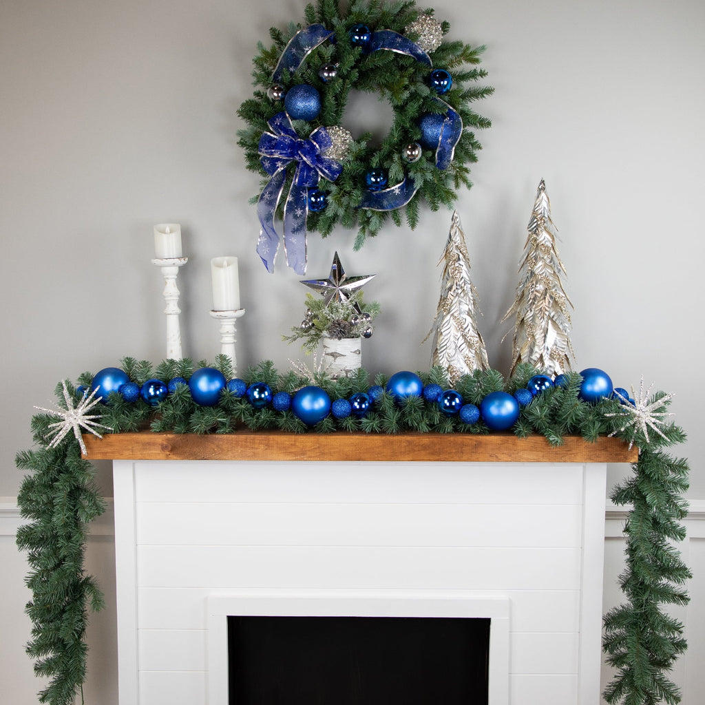 Northlight 3-Finish Shatterproof Ball Christmas Garland - 6'  x 4" - Blue  - Unlit