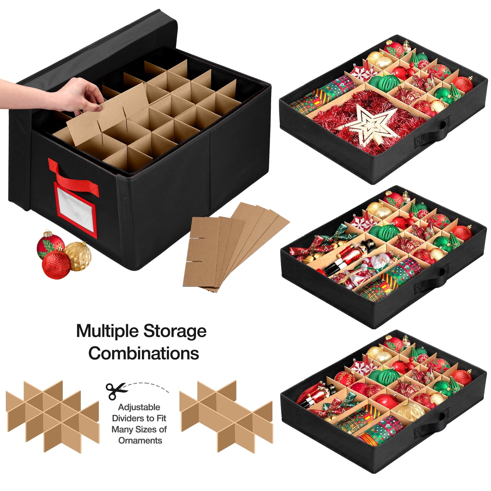 Ayieyill Premium Large Christmas Ornament Storage Box, Christmas Ornament Organizer, with Side Open, 3 Removable Trays - Keeps 72 Holiday Ornaments, Black