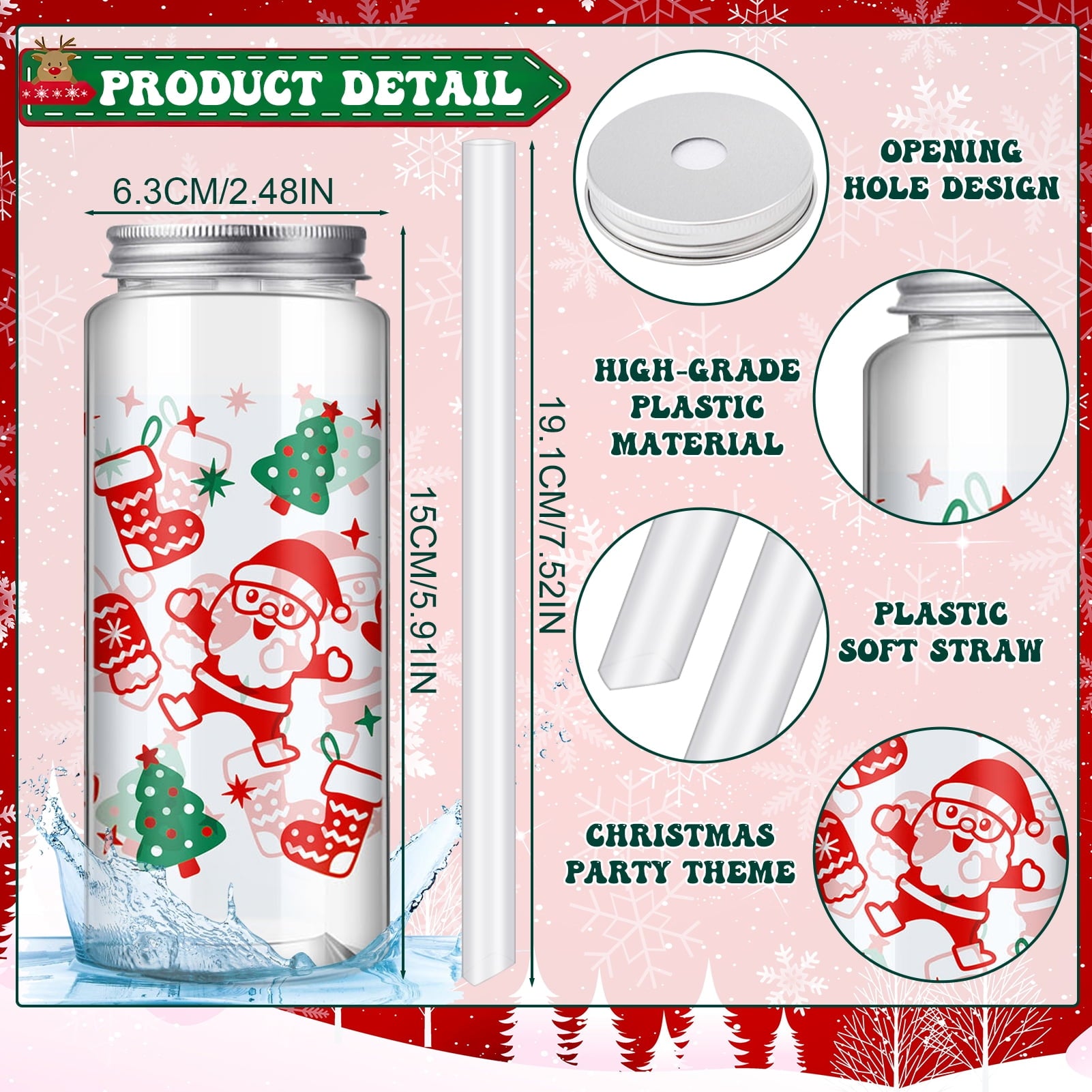 sixwipe 12PCS Plastic Tumbler and 12PCS Christmas Gift Bags, 14.2 oz Christmas Plastic Tumblers with Lids and Straws and Fabric Christmas Wrapping Bags Drawstring Gifts Bag for Presents Party