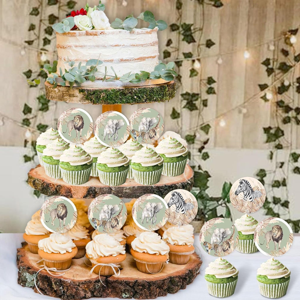 Kreatwow Jungle Safari Animals Cake Toppers Retro Green Cupcake Toppers with Elephants and Lions Jungle Safari Birthday Cake Decorations for Wild One Wild Two Jungle Safari Birthday Safari Baby Shower