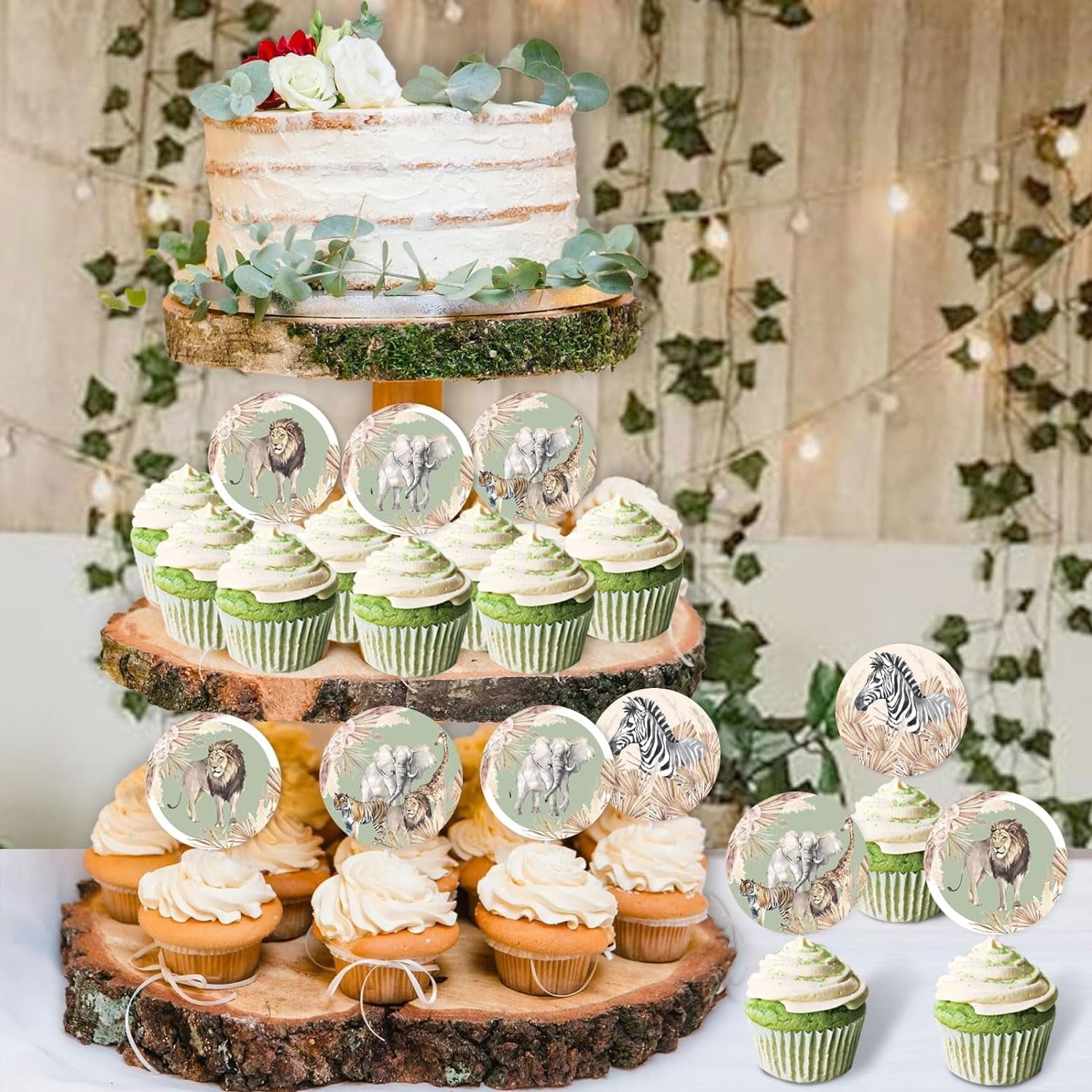 Kreatwow Jungle Safari Animals Cake Toppers Retro Green Cupcake Toppers with Elephants and Lions Jungle Safari Birthday Cake Decorations for Wild One Wild Two Jungle Safari Birthday Safari Baby Shower