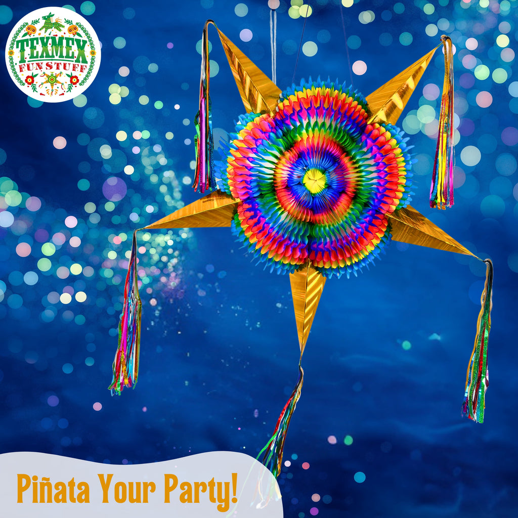 Extra Large 32" Pinata, Mexican Star with Gold Cones and 30-ft Rope - Handmade, Foldable Piñata for Birthday Parties and Mexican Fiestas