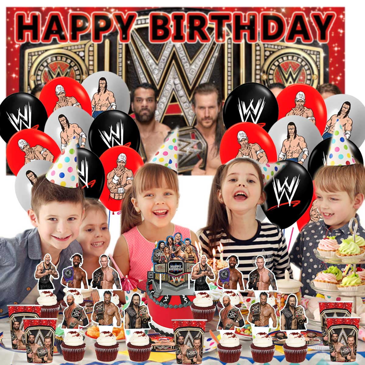Wrestling Party Decor Plates Cake Topper Balloons Banner Backdrop Supplies Decorations Tableware