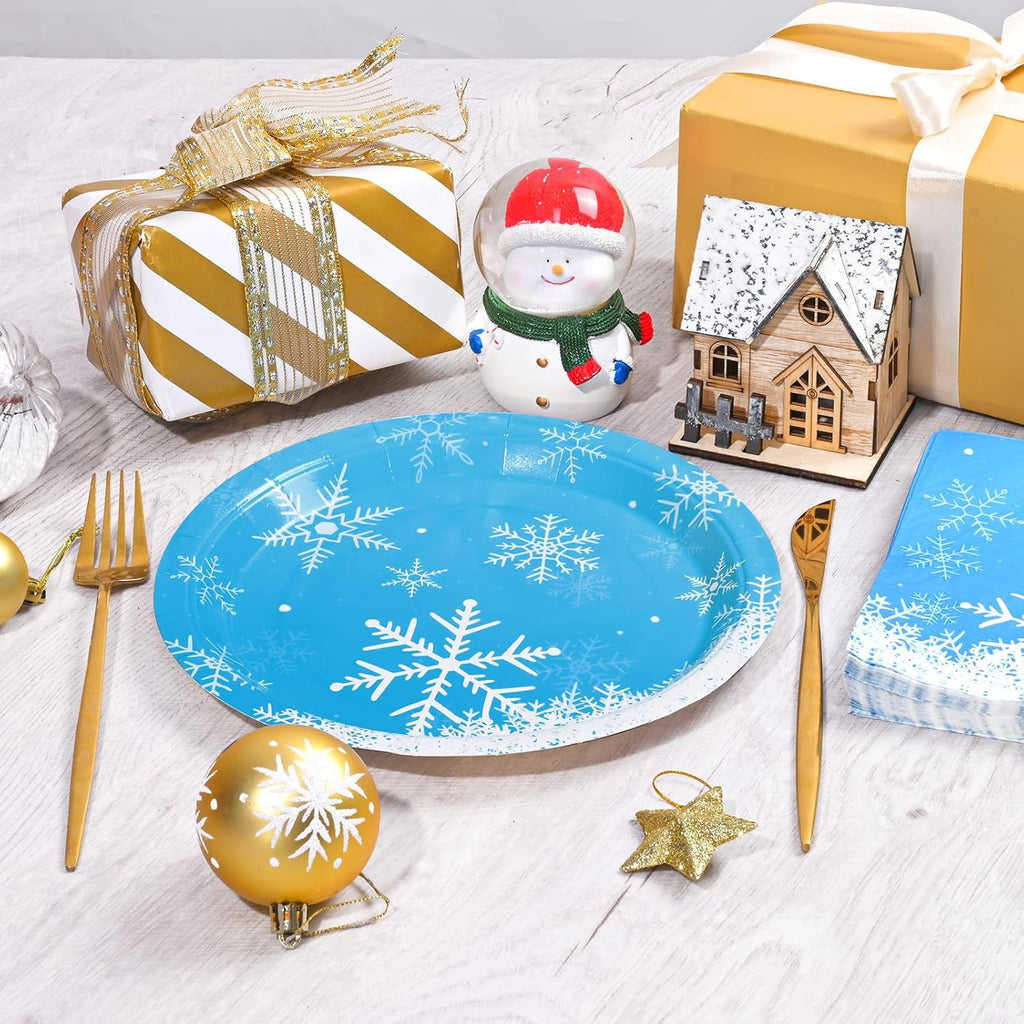 DAZLUTE 200 PCS Christmas Paper Plates and Napkins, Christmas Snowflake Blue Disposable Dinnerware Set for Christmas Party Supplies