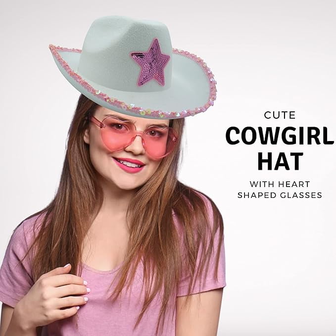 4E's Novelty 2 Sets White Cowgirl Hat with Pink Star & Heart Glasses – Sparkly Bachelorette & Costume Hat for Girls & Women