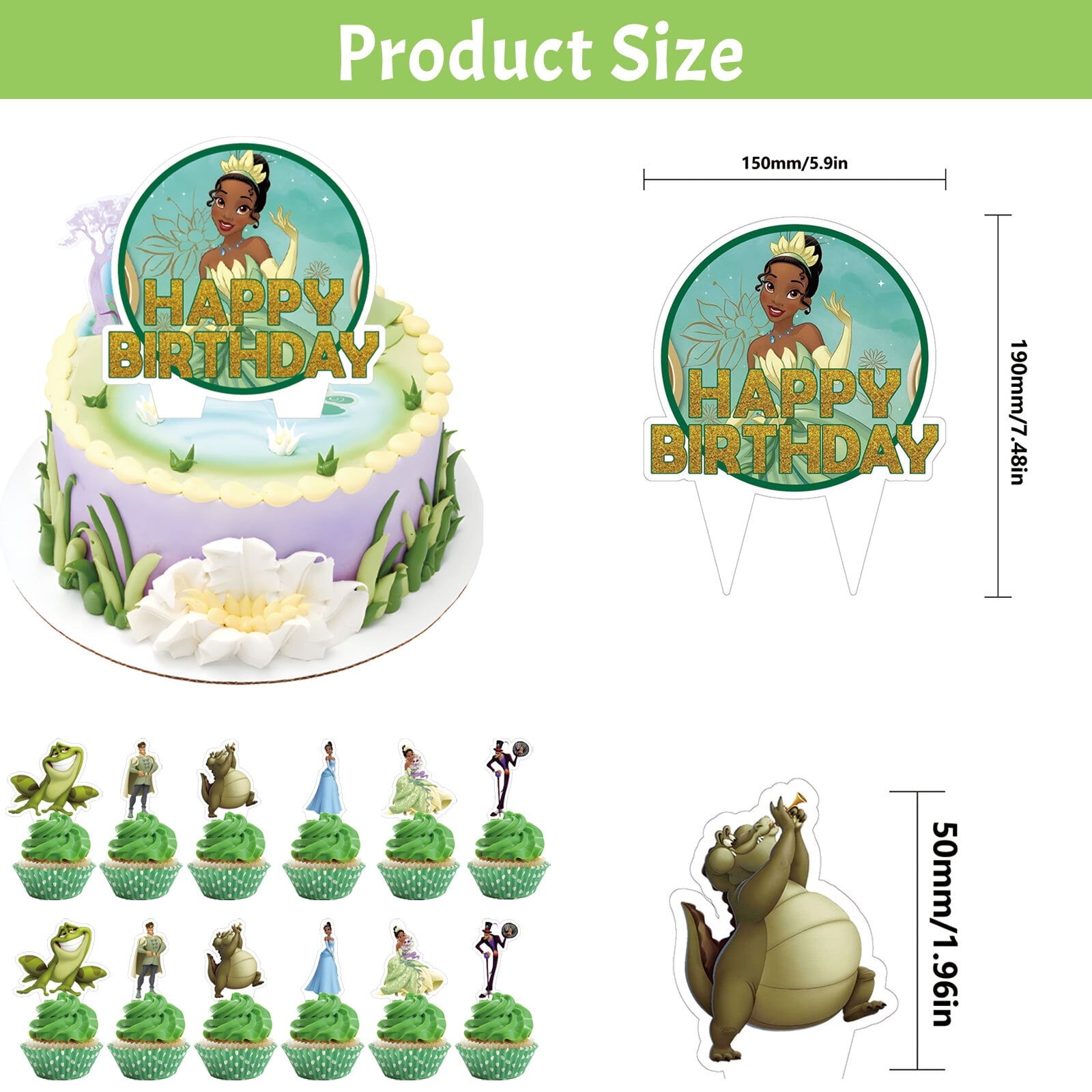 38PCS For Princess and The Frog Birthday Party Decorations,With 1 Happy Birthday Banner Garland,6 Hanging Swirls,13 Cupcake Toppers,18 Balloons for Party Supplies