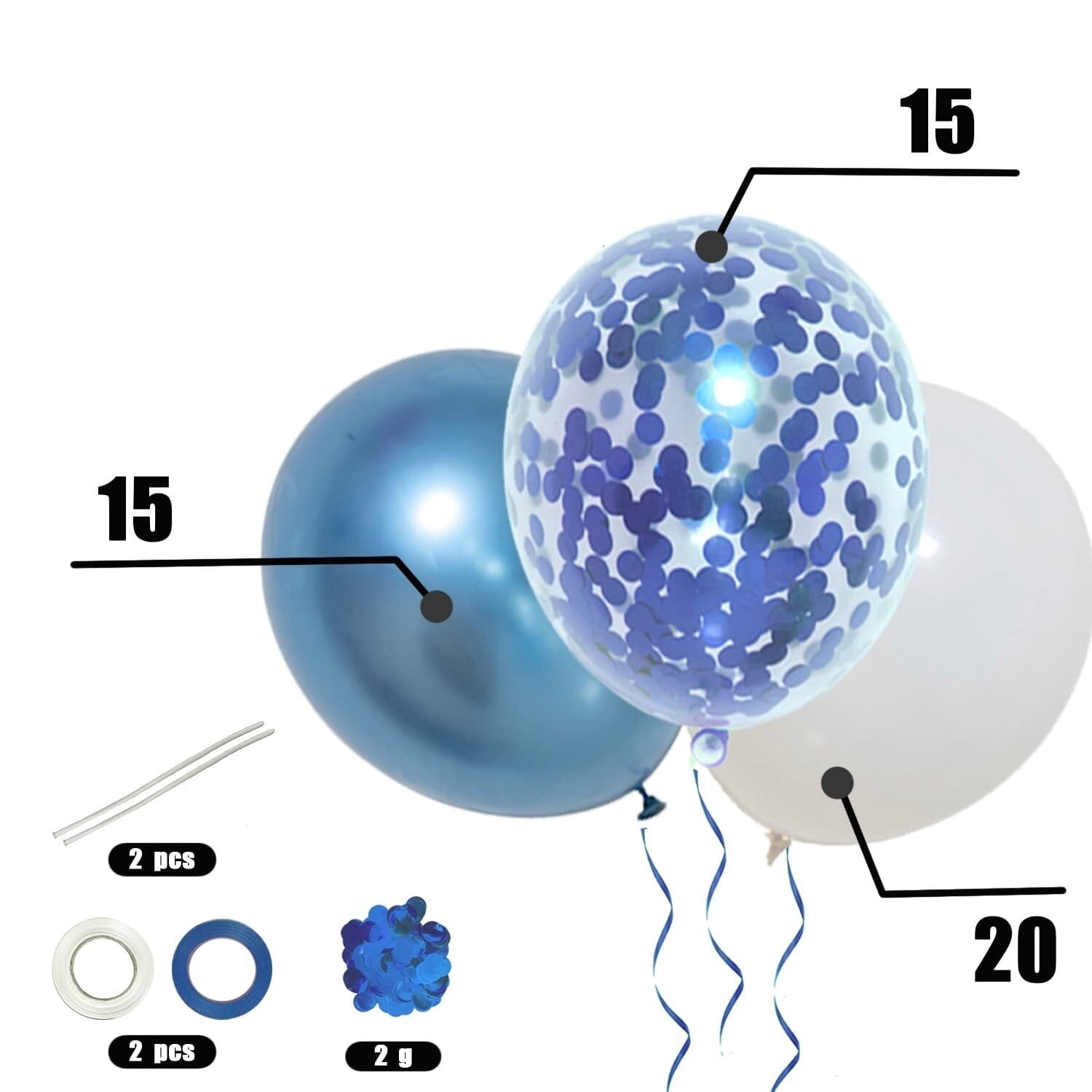 FF. Blue Metallic Balloons Blue Confetti Balloons and White Balloons,50 pcs Blue Balloons Party Balloons for Birthday Baby Shower with Extra Confetti and Balloon Ribbons