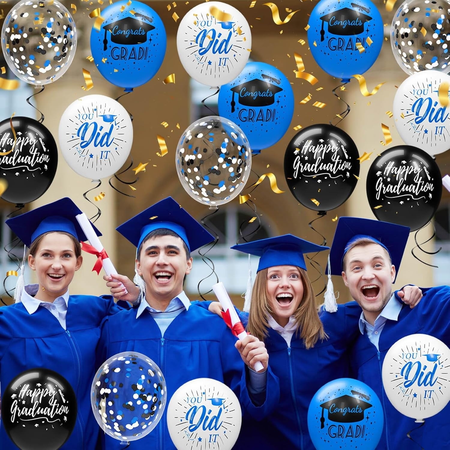 80 Pack Blue And Black Graduation Balloons Class Of Graduation Decorations - 12 Inch Royal Blue White Congrats Grad Balloons With Ribbons, Grad Party Decorations For College, High School