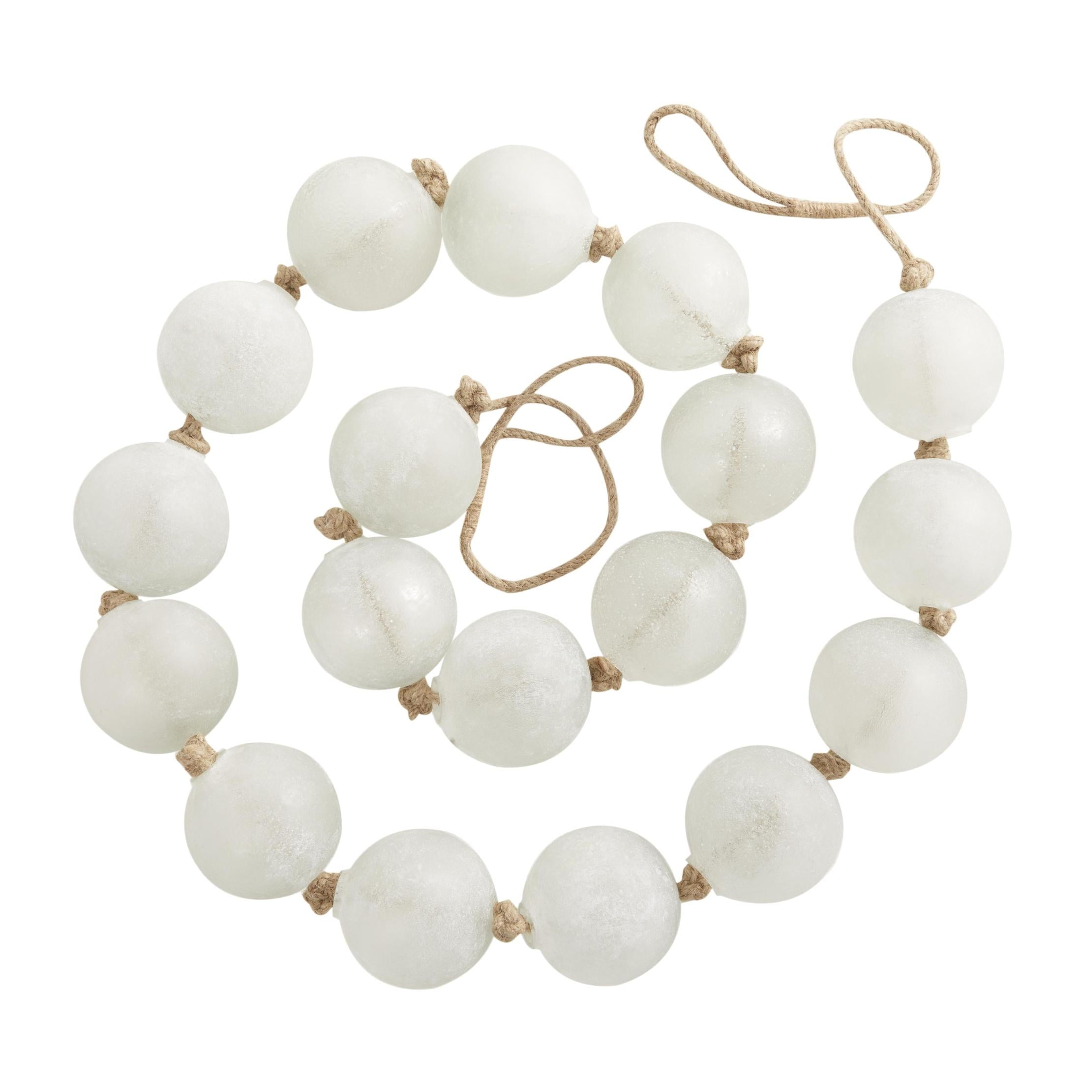 DecMode Handmade Round Extra Long Frosted Orb White Glass Garland with Tassel with Knotted Jute Rope