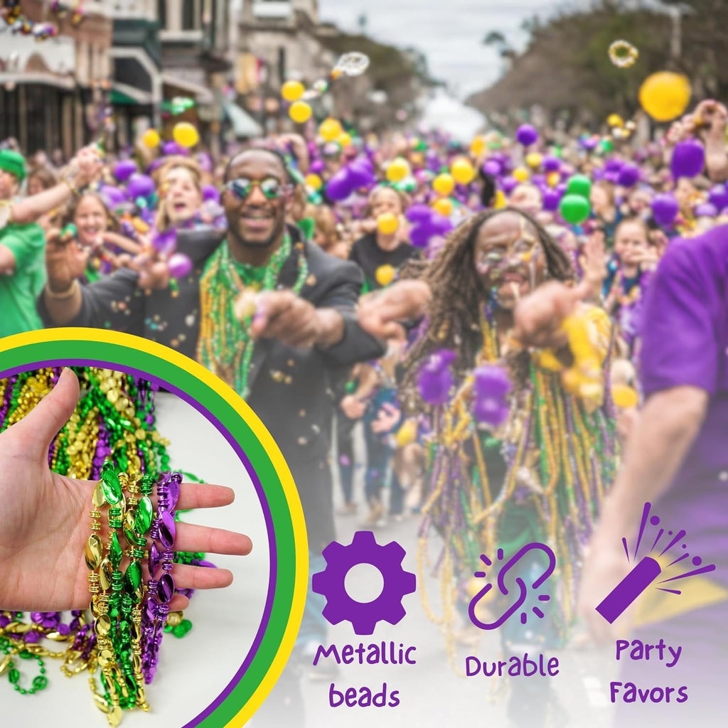 4E's Novelty Mardi Gras Bead Assortment (100 Pcs), Purple Green Gold, Metallic Necklaces
