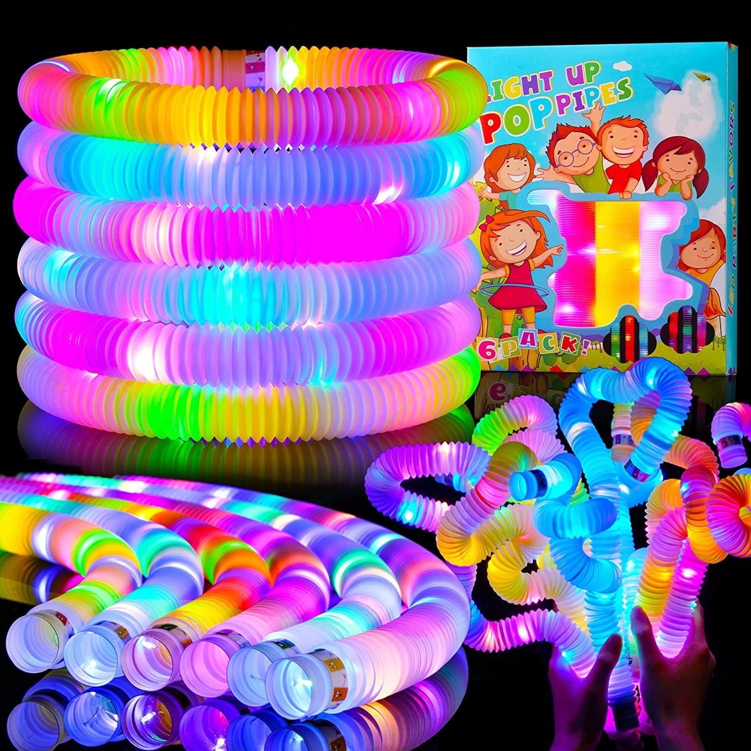 AGCAN 12 Pack Glow Sticks, 6 Colors Light Up Pop Tube Party Favors - 3 Modes Battery-Powered Sensory Toys for Halloween Camping Birthday Dance Party