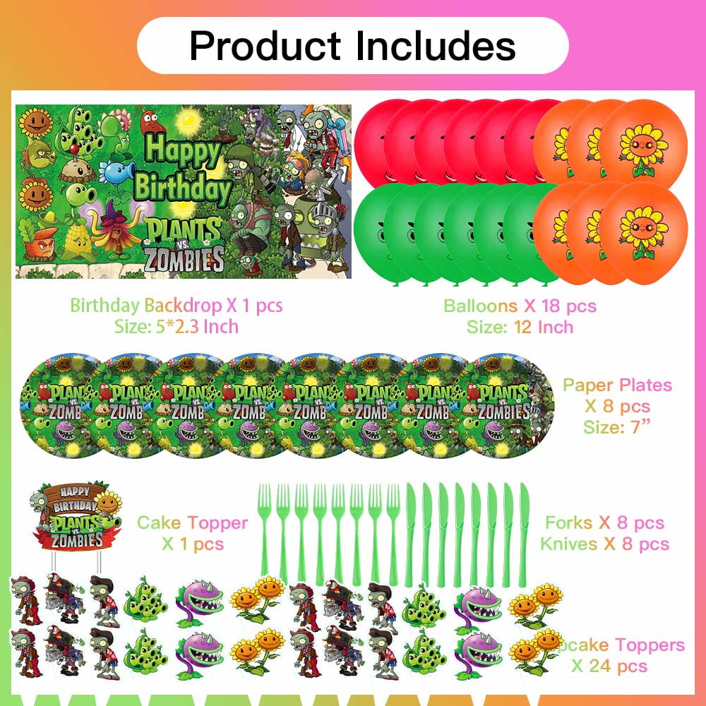 Plants & Zombies Party Supplies Plates Decorations Birthday Cake Topper Banner Decor Backdrop Balloons