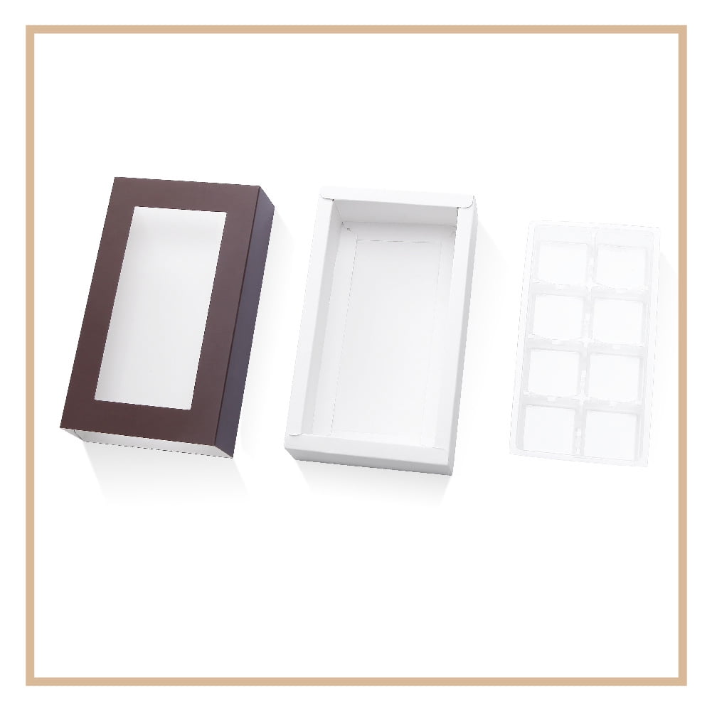 PKGSMART 20 Truffle Box with Clear Window Sleeves, Brown Chocolate Box Packaging, Candy Boxes with 8-Piece Plastics Tray（Tray Size with 5.75x2.75 inches)
