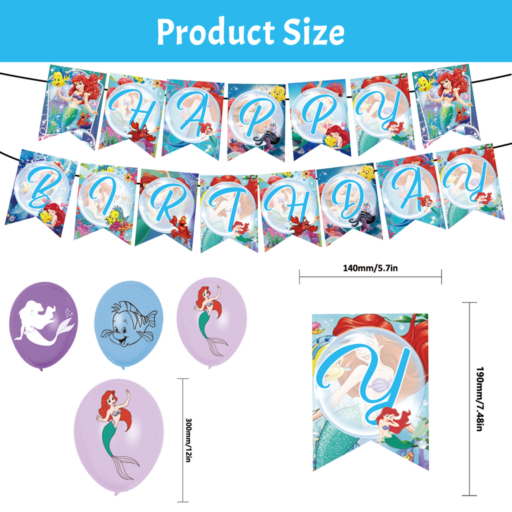 35 Pcs For Ariel Birthday Party Decorations,With 1 Happy Birthday Banner Garland,3 Foil Balloons,13 Cupcake Toppers,18 Balloons for Party Supplies