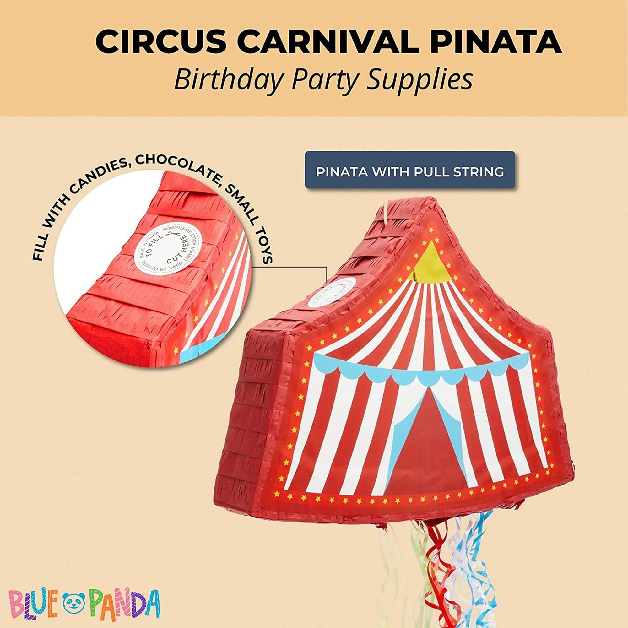 Pull String Circus Pinata - Carnival Theme Party Decorations for Birthday (Small, 16.5x3x13 In), For Ages 3+