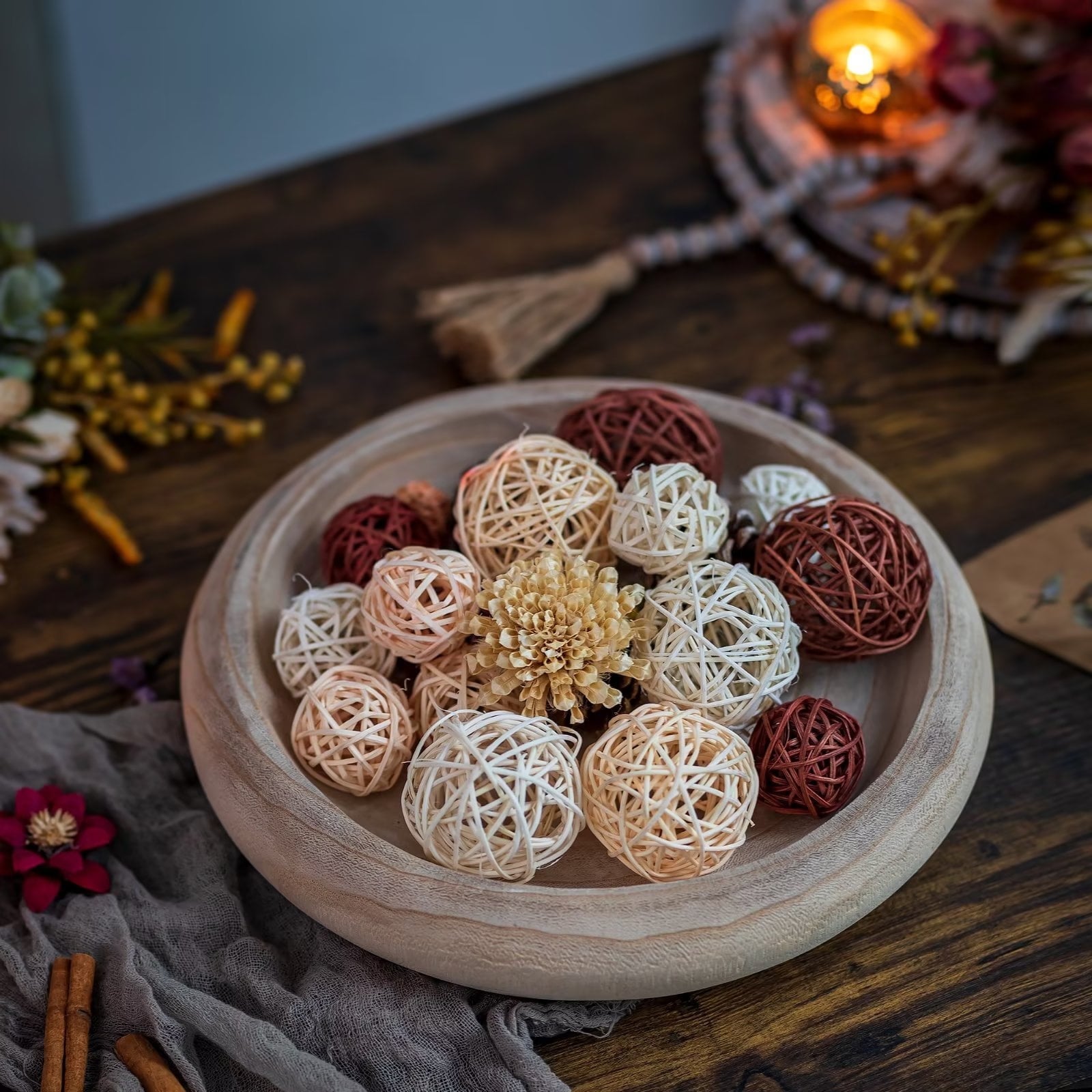 Hanobe  Wooden Dough Bowls Decorative Bowl for Ball Fillers Home Decor: Round  Key Bowl for Entryway Table 12.6”