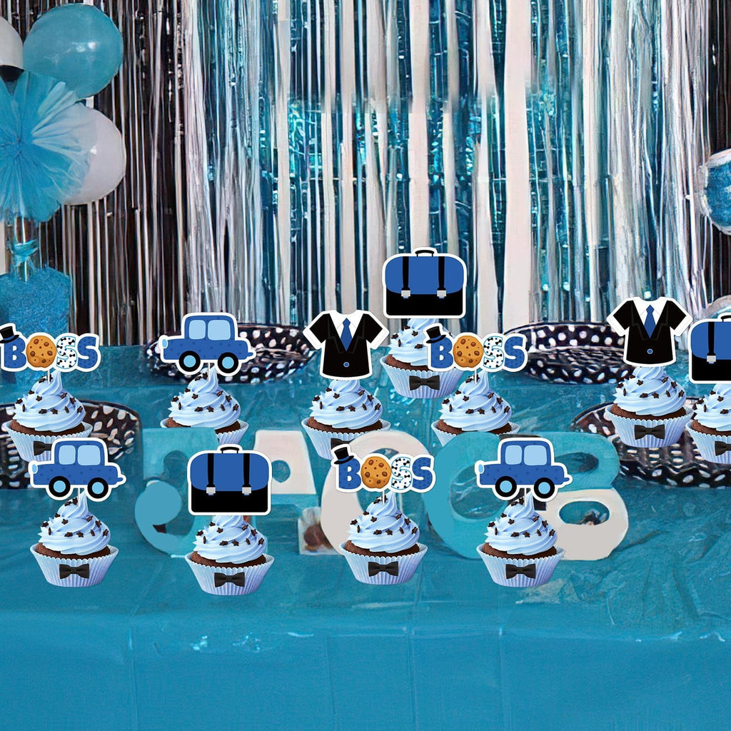 36Pcs Baby Boss Cupcake Toppers Blue & Black Little Boss Sign Cupcake Toppers Car Briefcase Boss Themed Cake Decorations for Boys Birthday Party Baby Shower Gender Reval Party Decor Supplies