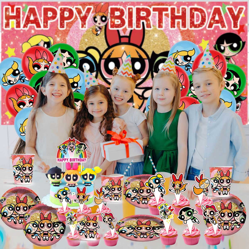 The Powerpuff Girls Plates Balloons Party Supplies Decor Backdrop Cake Topper Banner Decorations Tableware