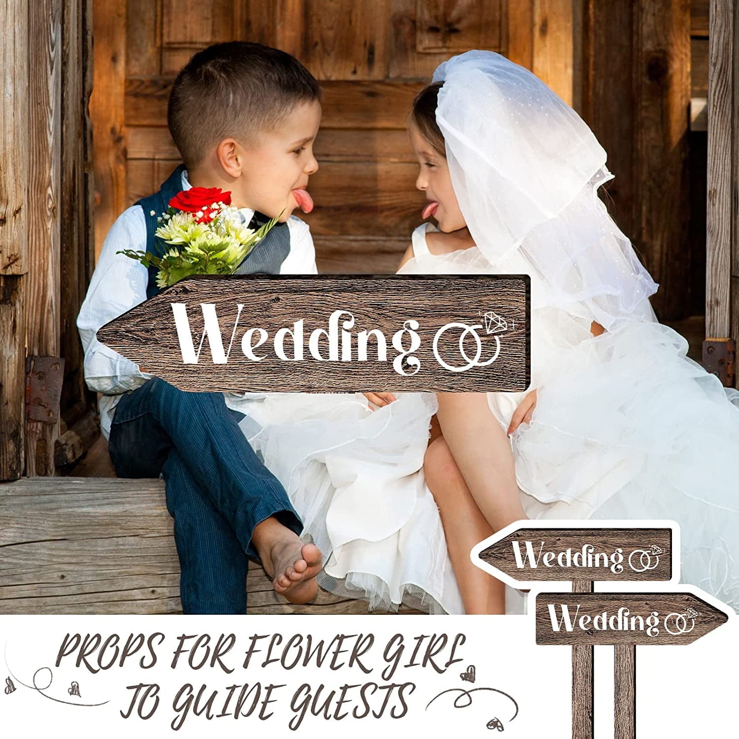 2 Pieces Wedding Directional Road Arrow Sign Wedding This Way Arrow Sign Wedding Wooden Sign and Reception Waterproof Large Wedding Sign with Stakes for Wedding Supplies