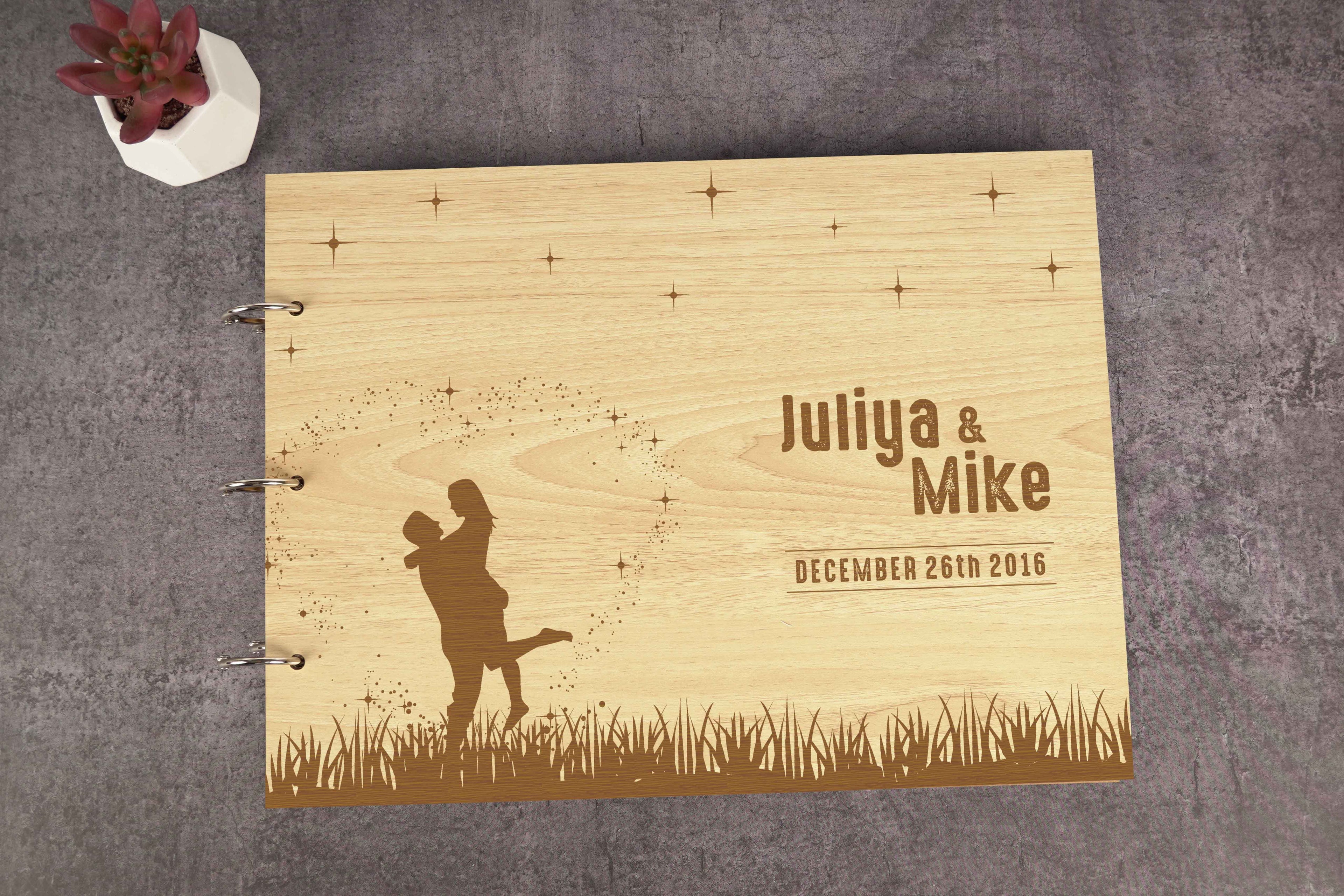 Darling Souvenir Personalized Engraved Laser Cut Wedding Guest Book Wooden Cover Sign-in Book Registry Guestbook Scrapbook-PF