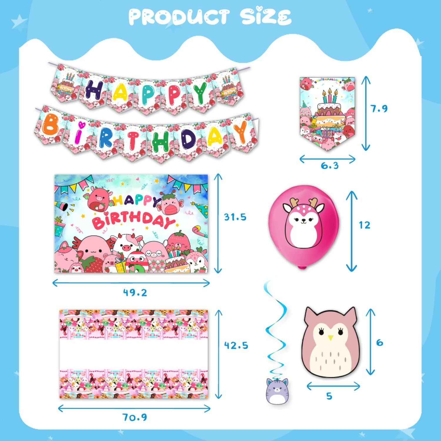 201 Pcs  Squishmallow Birthday Party Decoration, Squishmallow Party Supplies, Party Decorations for Kids Boys Girls Party Favor Include Birthday Banner, Balloons, Backdrop, Cake Topper, Sticker