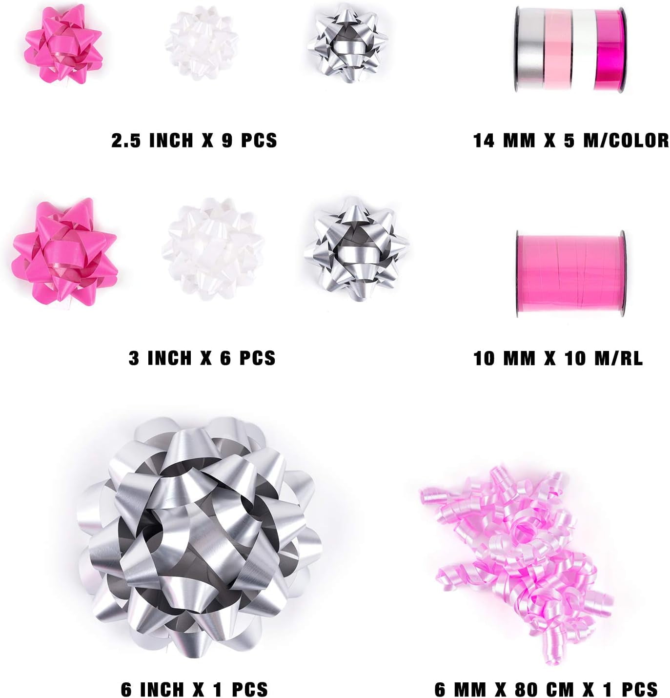 19 Pcs Gift Bows Assortment - 16 Multi Colored Assorted Size Gift Bows(Pink, White, Silver), 2 Crimped Curling Ribbons, 1 Pink Curly Bows, Perfect for Christmas, Holiday, Party