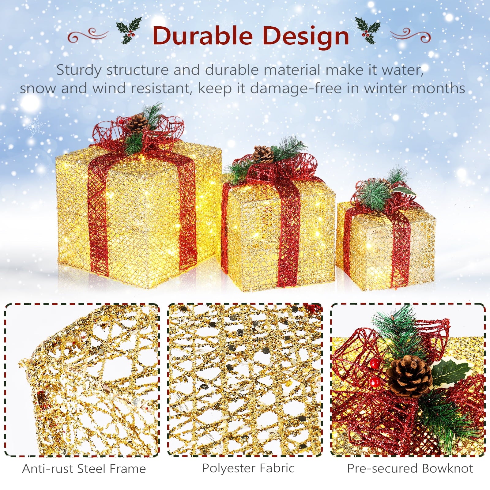 UBesGoo 3pcs Christmas Decoration Gift Boxes Decor for Christmas Tree,Xmas Christmas Tree - Golden