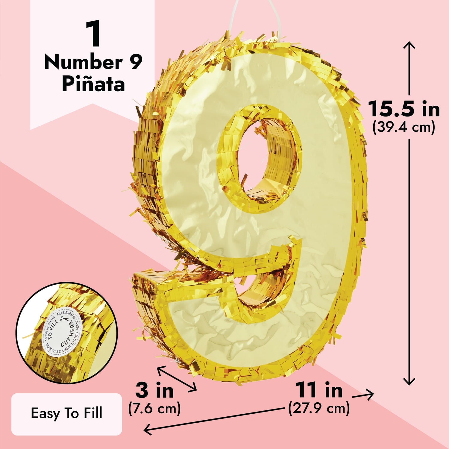 Juvale Gold Foil Number 9 Pinata for Kids Ages 3-14 Birthday Party Decorations, Centerpieces, Anniversary Celebrations, Small (15.5 x 11 x 3 In)