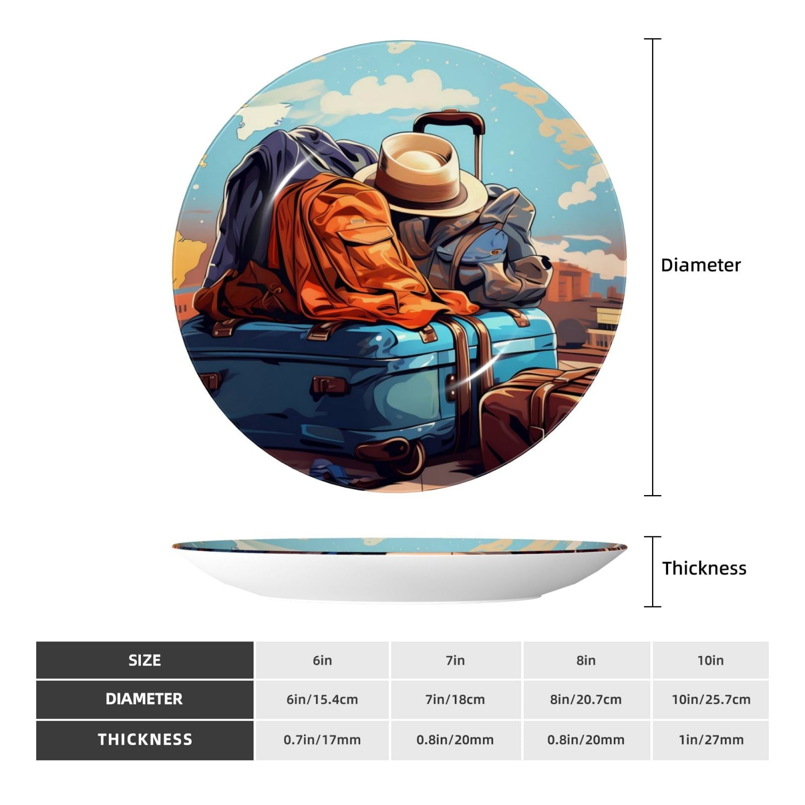 Cauagu Colorful Travel Luggage Gear Print Bone China Decorative Plate, Wall Mount Plate Holiday Decor Decorative Ceramic Plates with Stand Elegant Household Plates Decorative-6in