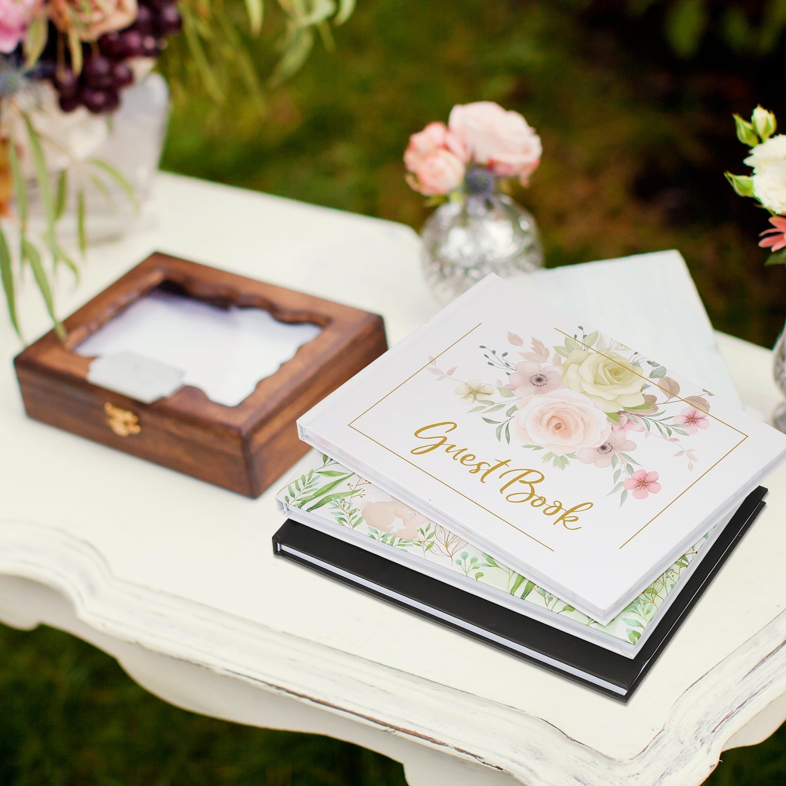 Guest Book, Wedding Guest Sign Book Reception Signature Book Party Decorations Supplies with Diamond Pen for Birthday Bridal Shower, Gold Ring