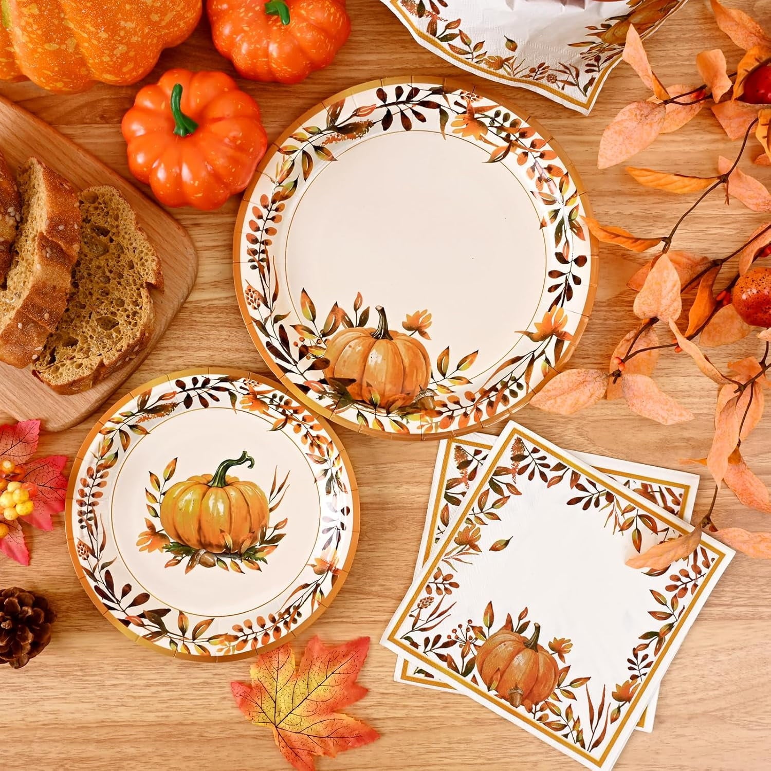 Caltero 200 PCS Fall Thanksgiving Paper Plates and Napkins, Pumpkin Wreath Disposable Dinnerware Set Serve 50 Party Supplies