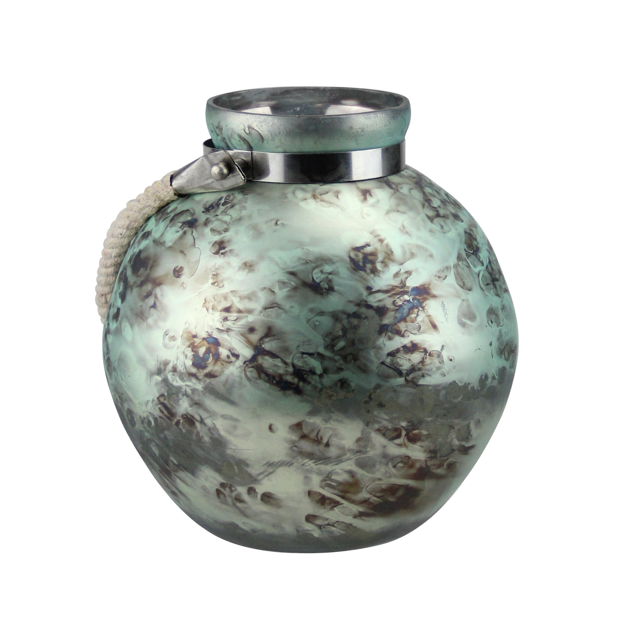 Kaemingk 14.5" Green and Black Seaside Treasures Glass Hurricane with Rope Handle