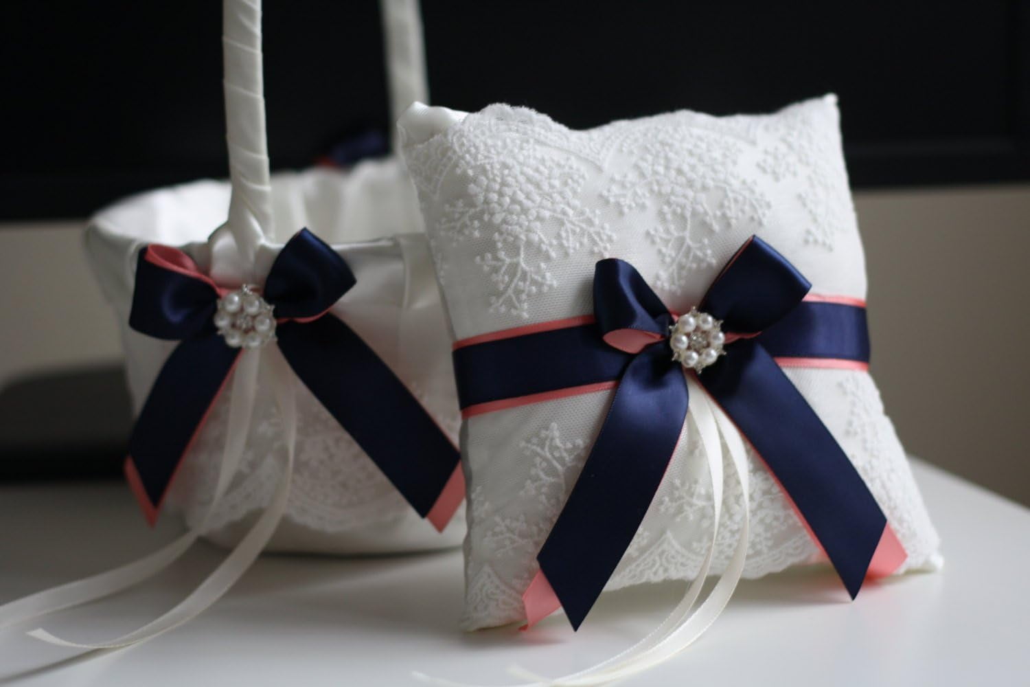 Wedding Flower Girl Basket & Ring Bearer Pillow Set by  Emotions (Coral Navy)