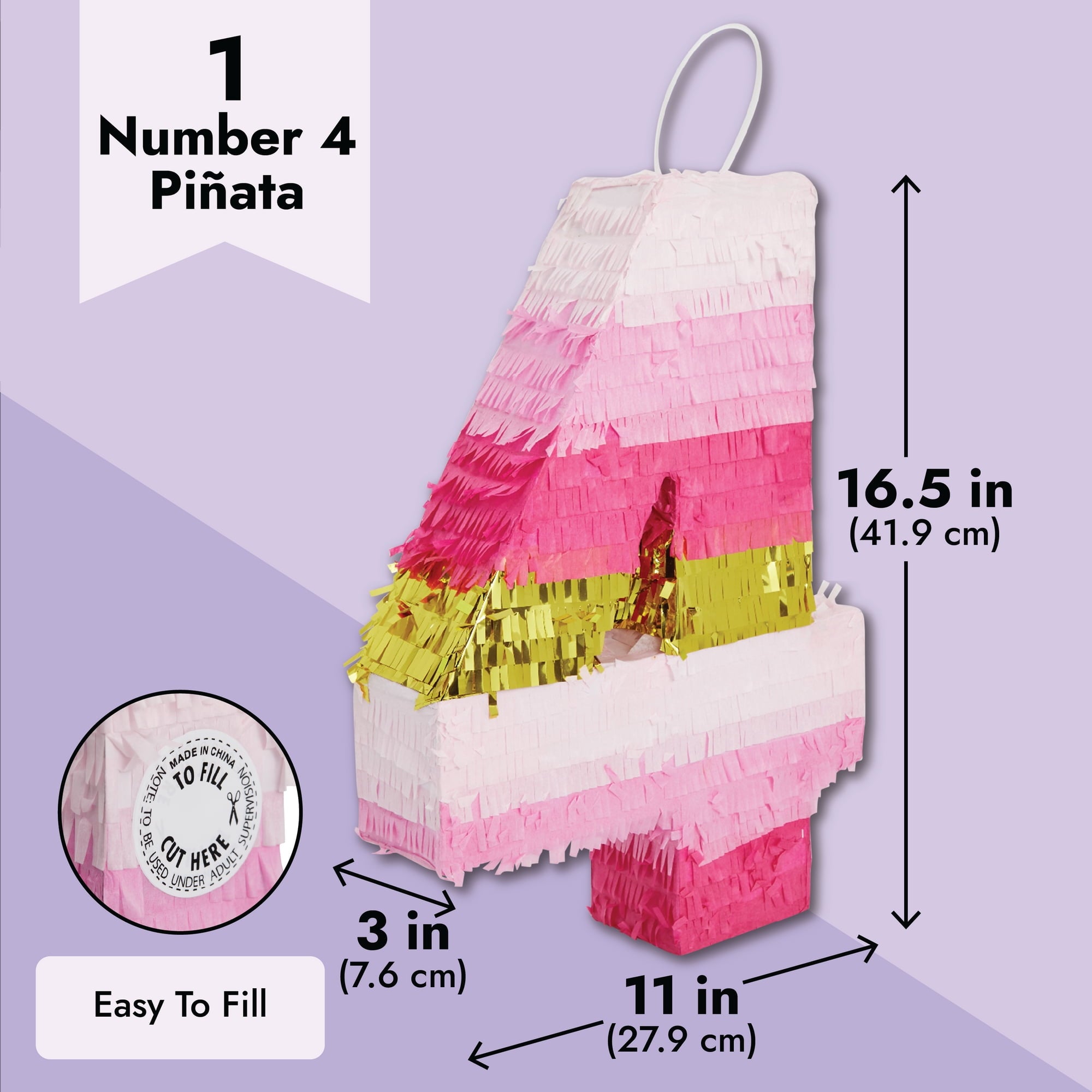 BLUE PANDA Number 4 Pinata, Pink and Gold Foil for Kids Ages 3-14 Birthday Party Decoration, Fiesta, Anniversary Celebration, Small (16.5 x 11 In)