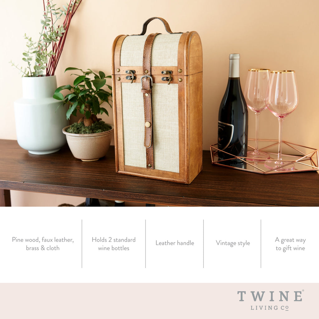 Twine Vintage Trunk Wooden Wine Gift Box, 2-Bottle Wine Box, Wedding Gifts