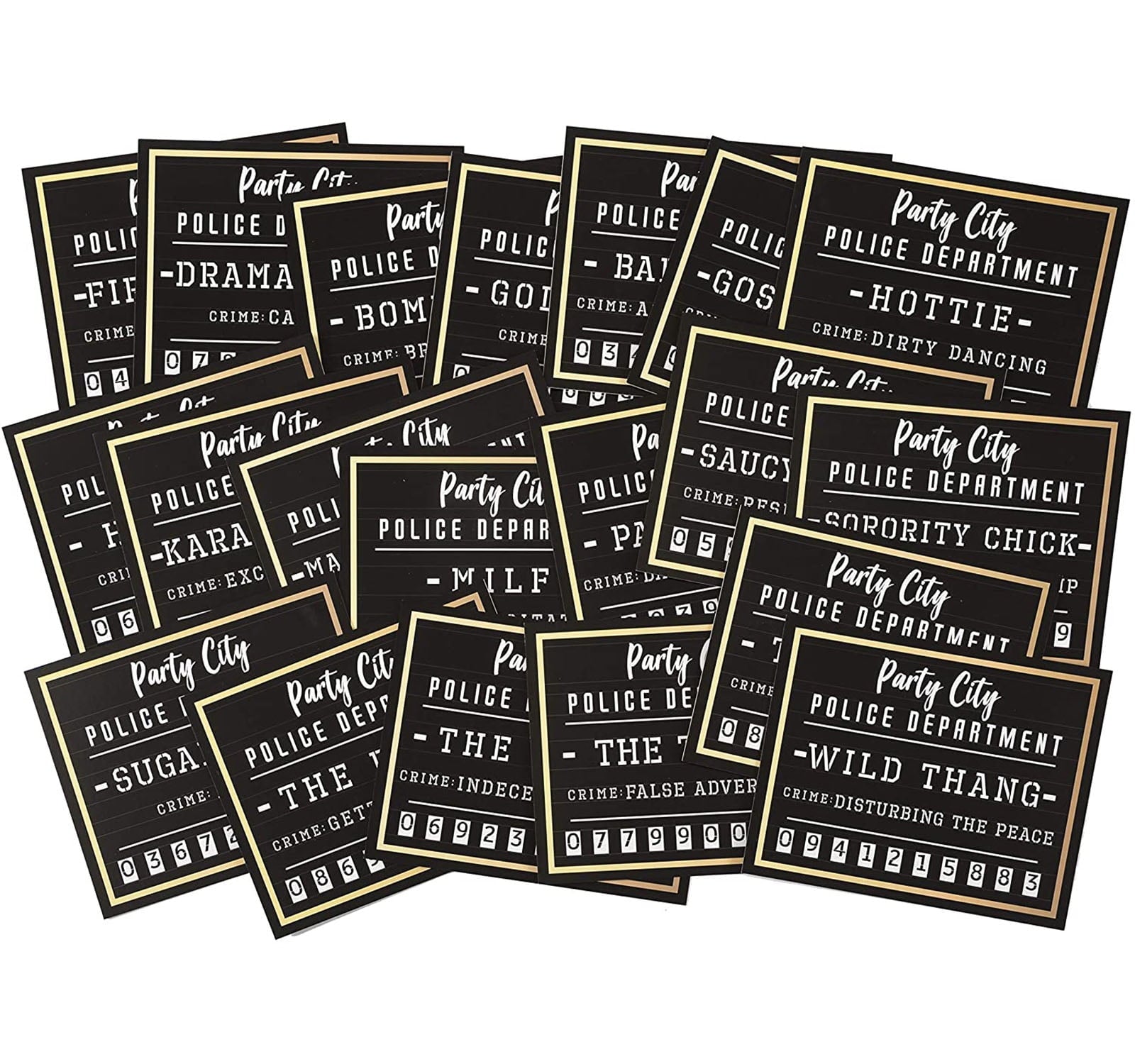 Bachelorette Party Supplies Kit - Set of 25 Dare Cards, 20 Mugshot Signs & One 33 Inch Bachelorette Sash with Goldtone Pin - Girls Night Out Party Accessories & Photo Booth Props