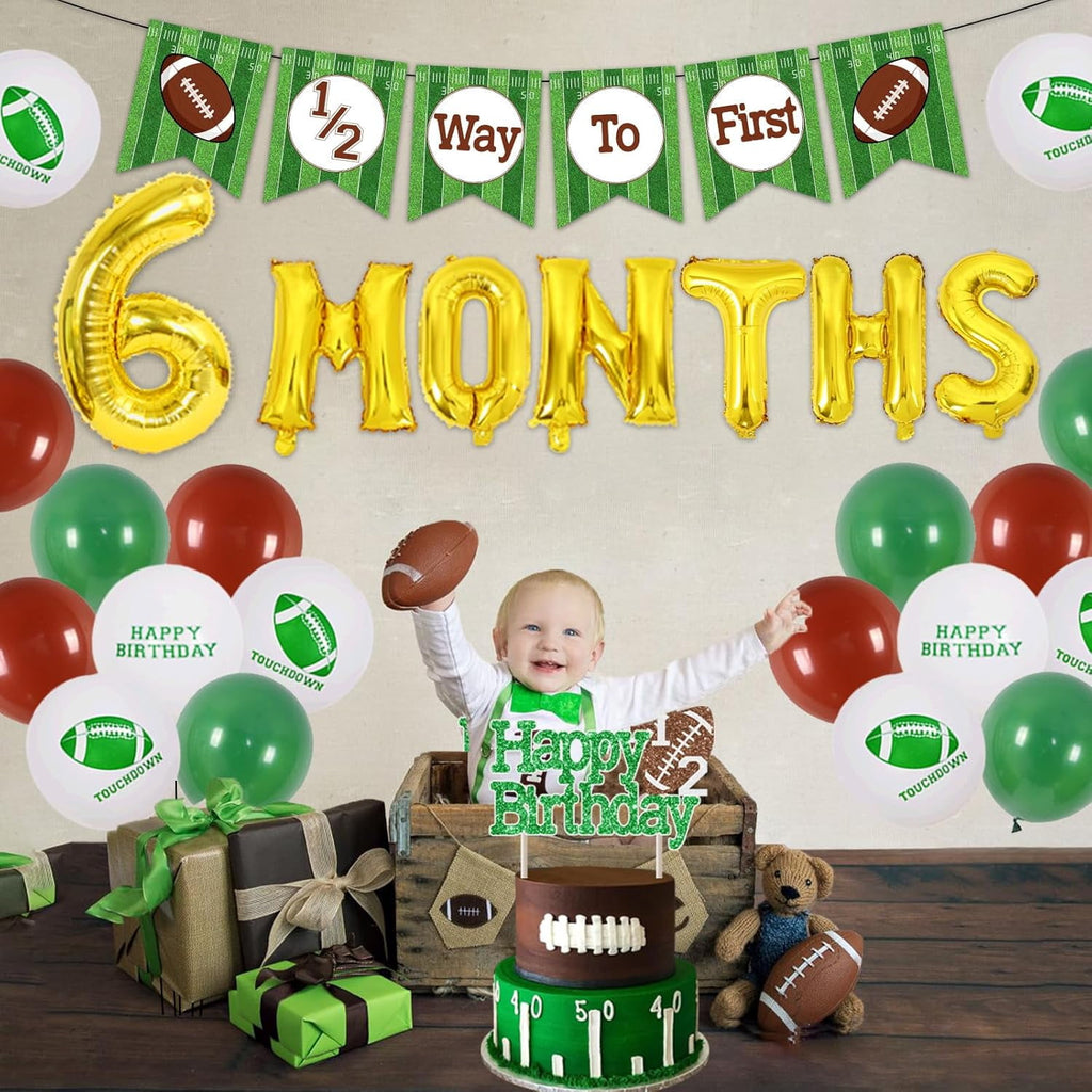 Football Half Birthday Decorations - Football 6 month Birthday Party, 1/2 Birthday Football Decorations Banner, Green Coffee Balloons Happy Birthday Cake Topper 6 Month Foil Balloon for Boy Birthday