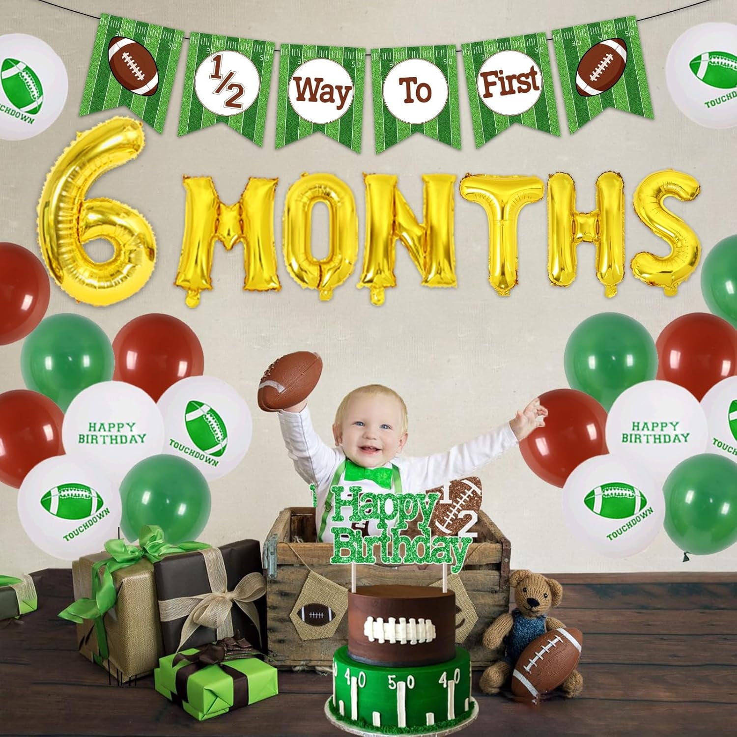 Football Half Birthday Decorations - Football 6 month Birthday Party, 1/2 Birthday Football Decorations Banner, Green Coffee Balloons Happy Birthday Cake Topper 6 Month Foil Balloon for Boy Birthday