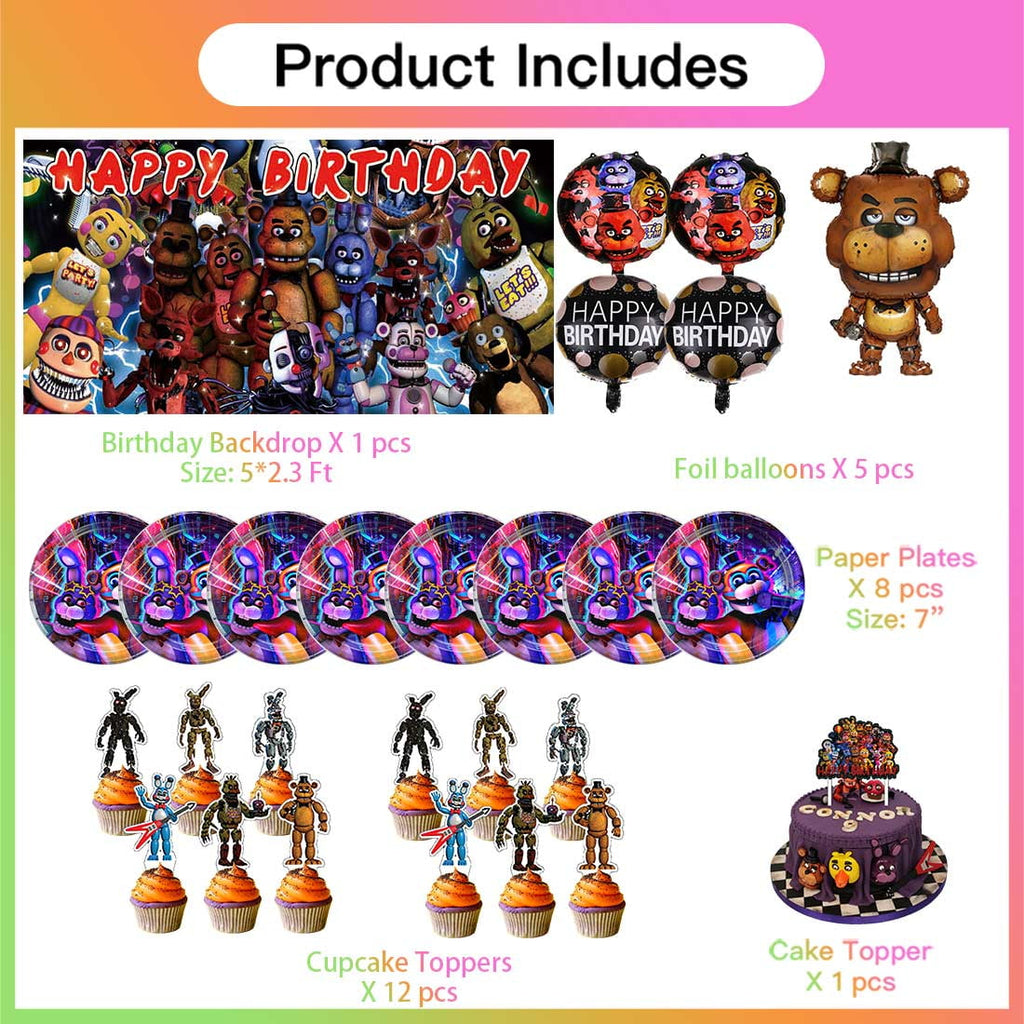 Five Nights at Freddy Party Supplies Decor Tableware Backdrop Banner Cake Topper Balloons Birthday Decorations