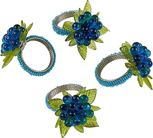 Fennco Styles Hand Beaded Flower & Leaves Decorative Napkin Rings, Set of 4 - Blue Glass Beads Napkin Holders for Home, Dining Room, Banquet, Family Gathering, Holiday and Special Occasion